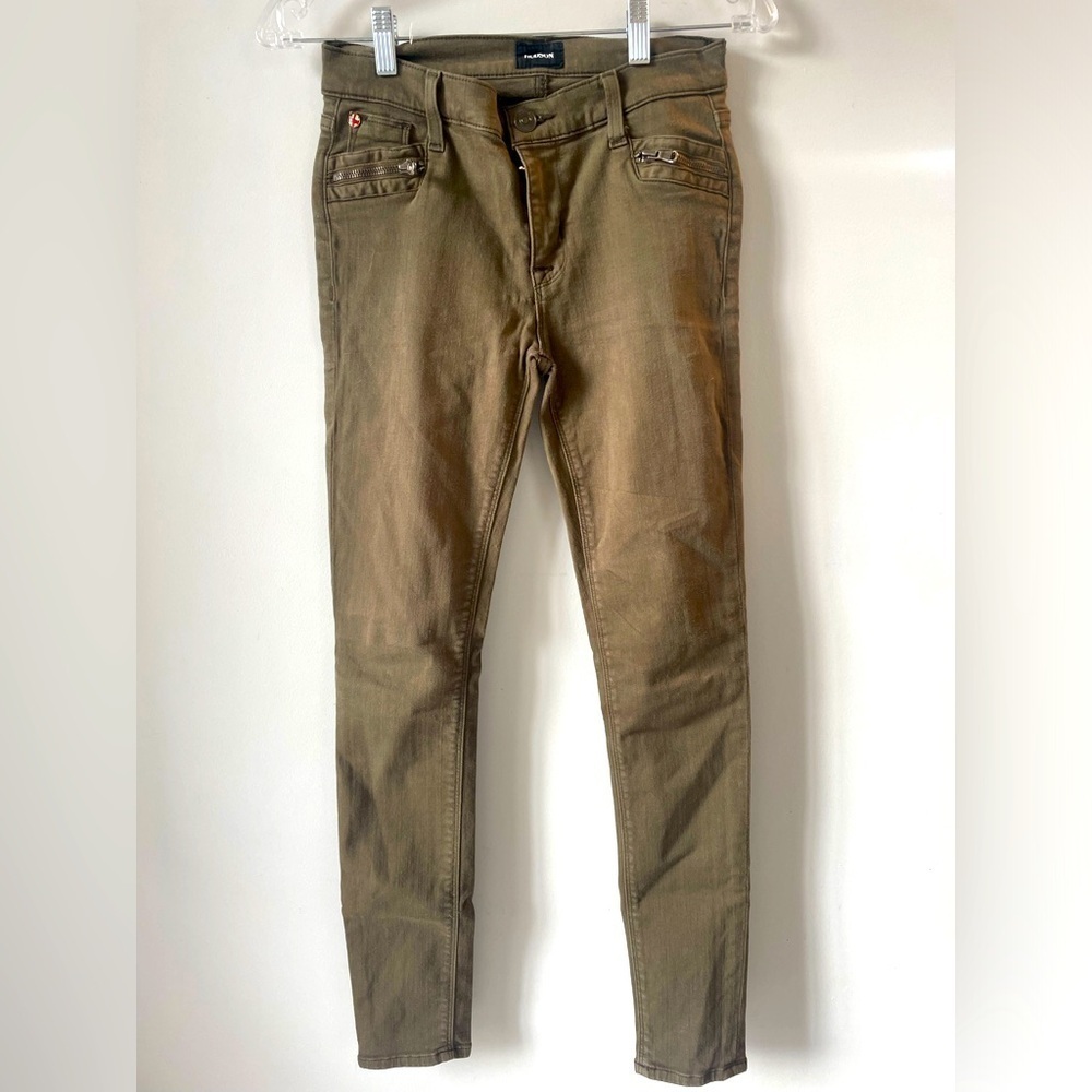 Hudson, 26, Spark Midrise Super Skinny, Olive army green denim stretch jeans